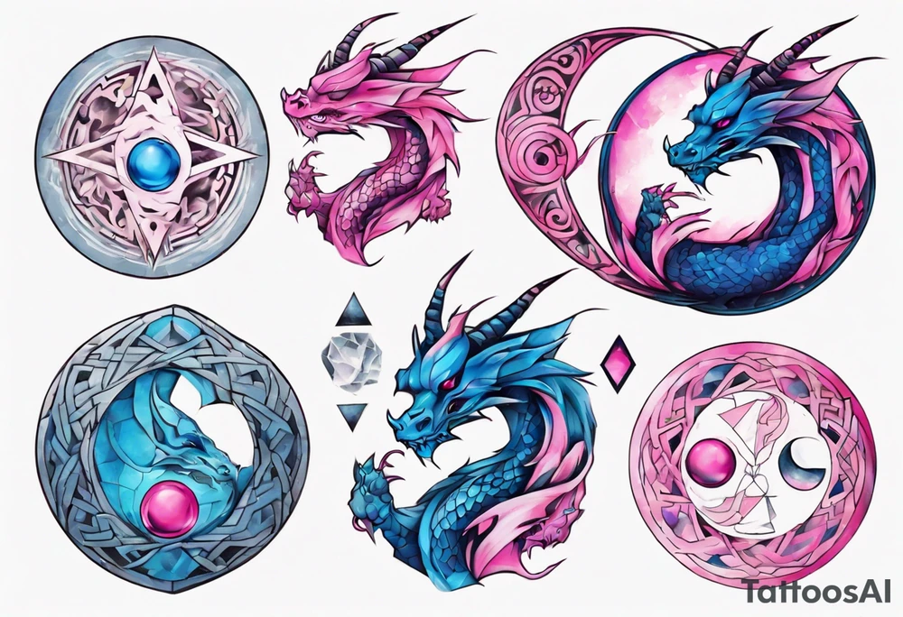 ying yang dragon stones blue & pink tattoo idea