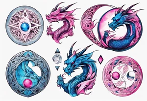 ying yang dragon stones blue & pink tattoo idea