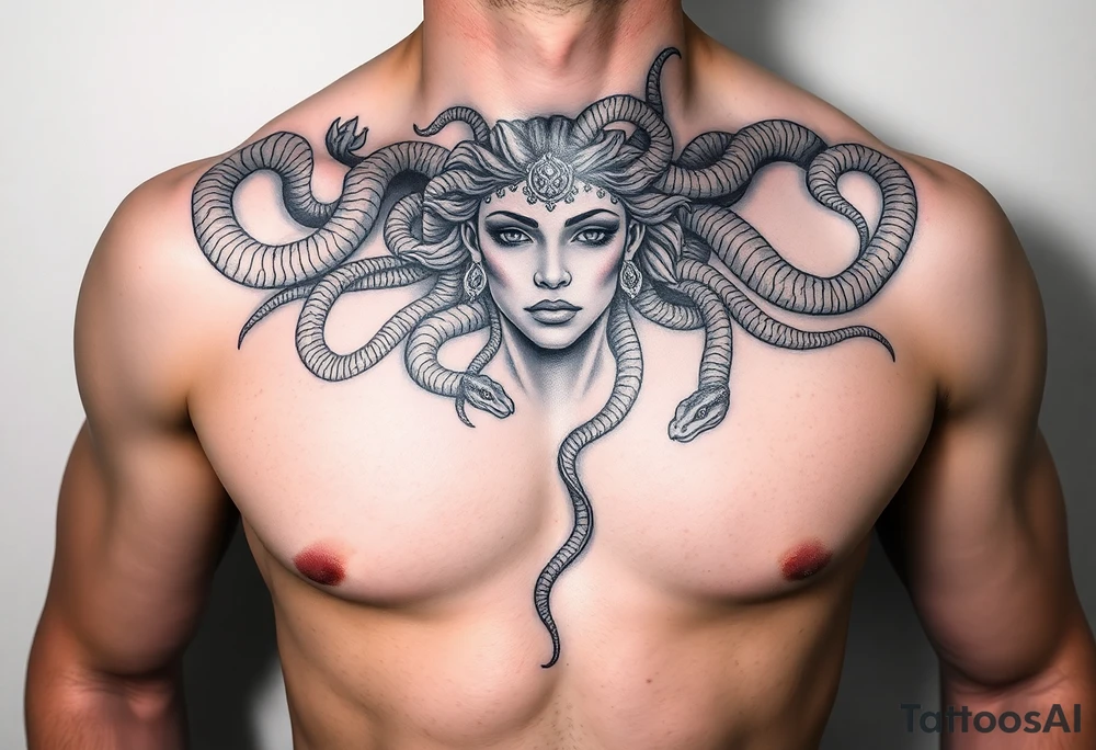 A Beautiful sexy Medusa chest peice with her snake hair reaching my arms and shoulder. Black and white, realistic tattoo idea