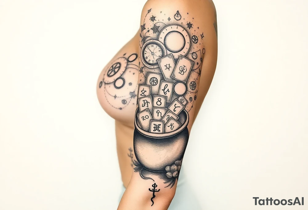 Milky way filled with zodiac symbols runes tarot cards coming out of a cauldron tattoo idea