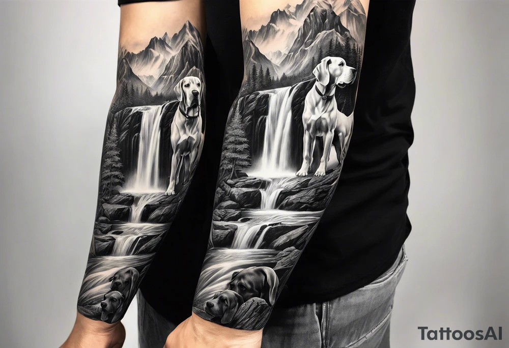 Arm sleeve- with four Great Danes in front of waterfall tattoo idea