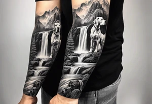Arm sleeve-  with four Great Danes in front of waterfall tattoo idea