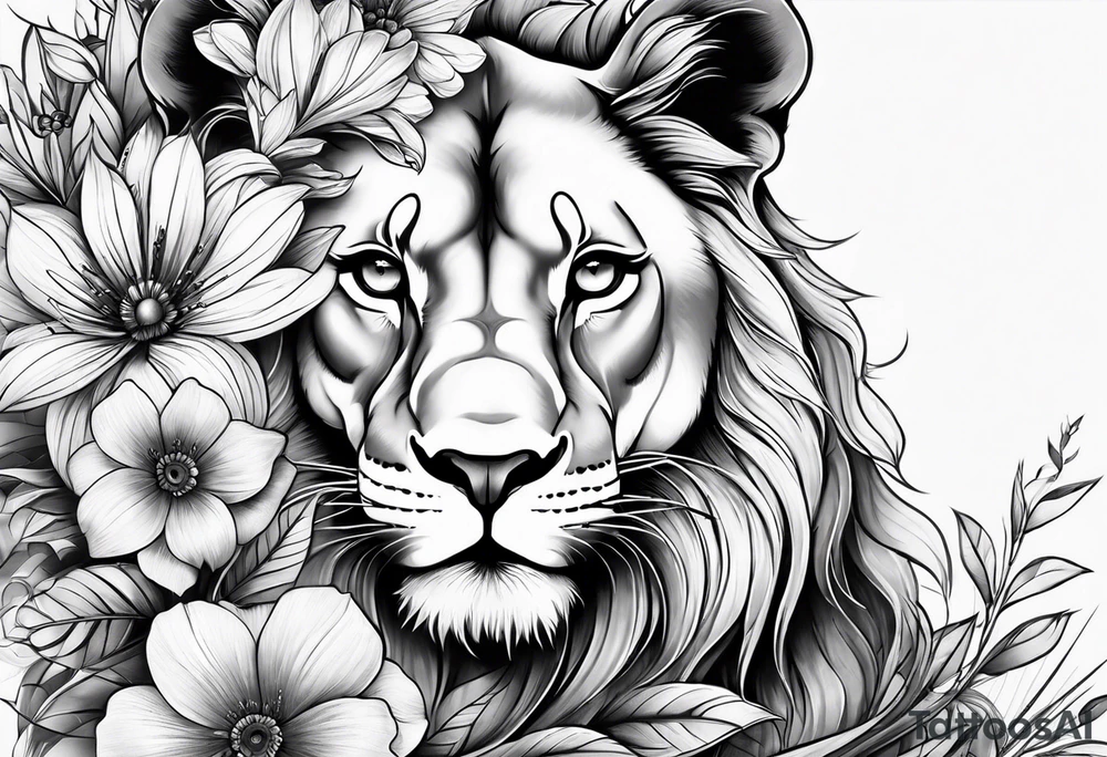 Lioness thigh tattoo with flowers tattoo idea Lioness thigh tattoo with flowers tattoo idea