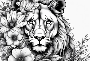 Lioness thigh tattoo with flowers tattoo idea