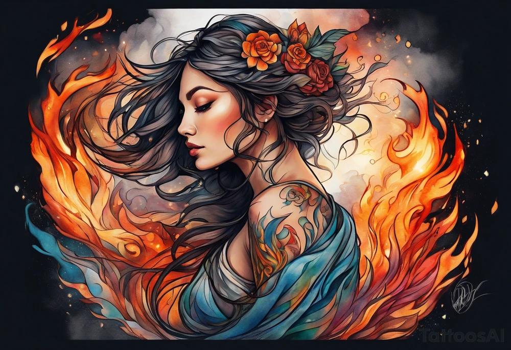 Resurrection strength and courage Beautiful Woman walking through fire and chaos to inner peace and self-love  ethereal tattoo idea