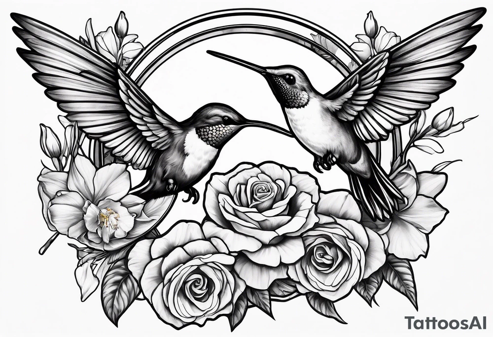 hummingbird with sad angel on swing coming out of tail feathers surrounded by rose, lily, daffodil, daisy, carnation, narcissus tattoo idea