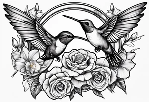 hummingbird with sad angel on swing coming out of tail feathers surrounded by rose, lily, daffodil, daisy, carnation, narcissus tattoo idea