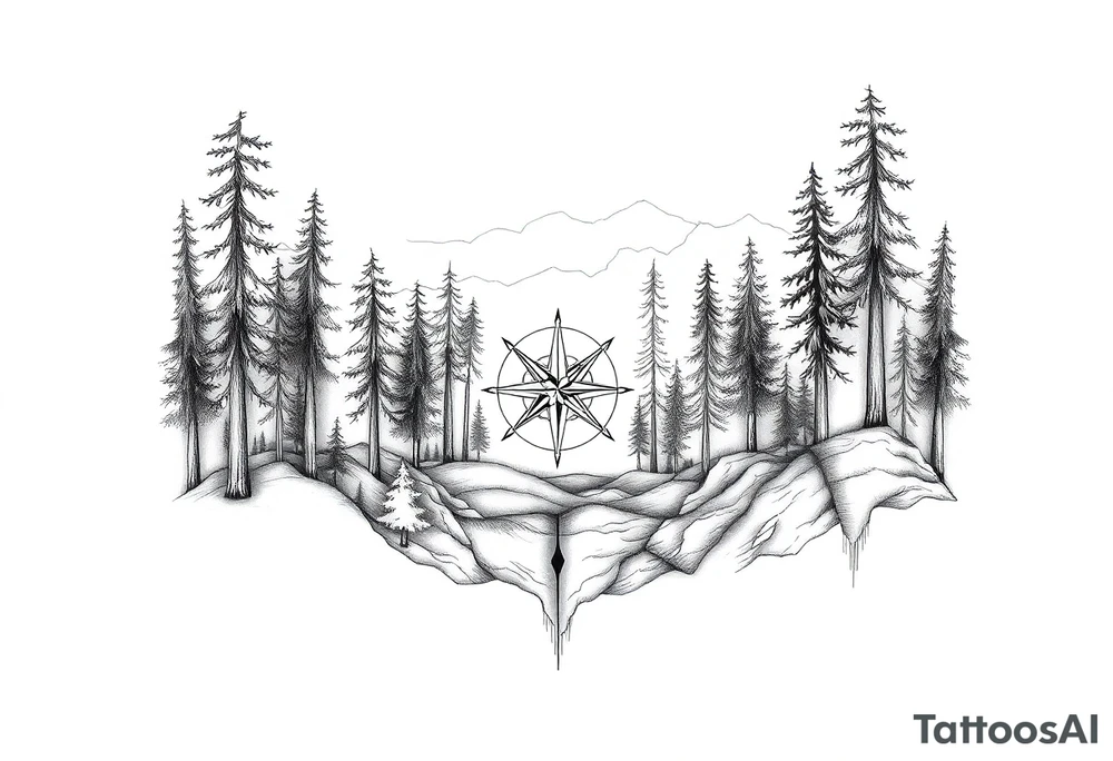 Forest landscape with three compasses tattoo idea