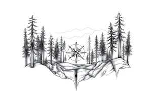 Forest landscape with three compasses tattoo idea