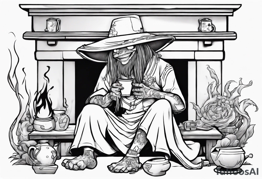 a myconid wearing a tunic and a floppy hat sitting on a bench by a fireplace drinking from a wood cup, smiling tattoo idea