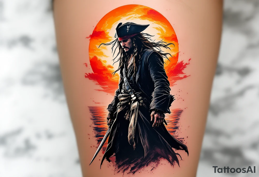A silhouette of Jack Sparrow standing at the bow of a pirate ship, with the wind blowing through his hair and coat, the sky above him in fiery oranges and reds, representing a sunset over the open sea. tattoo idea