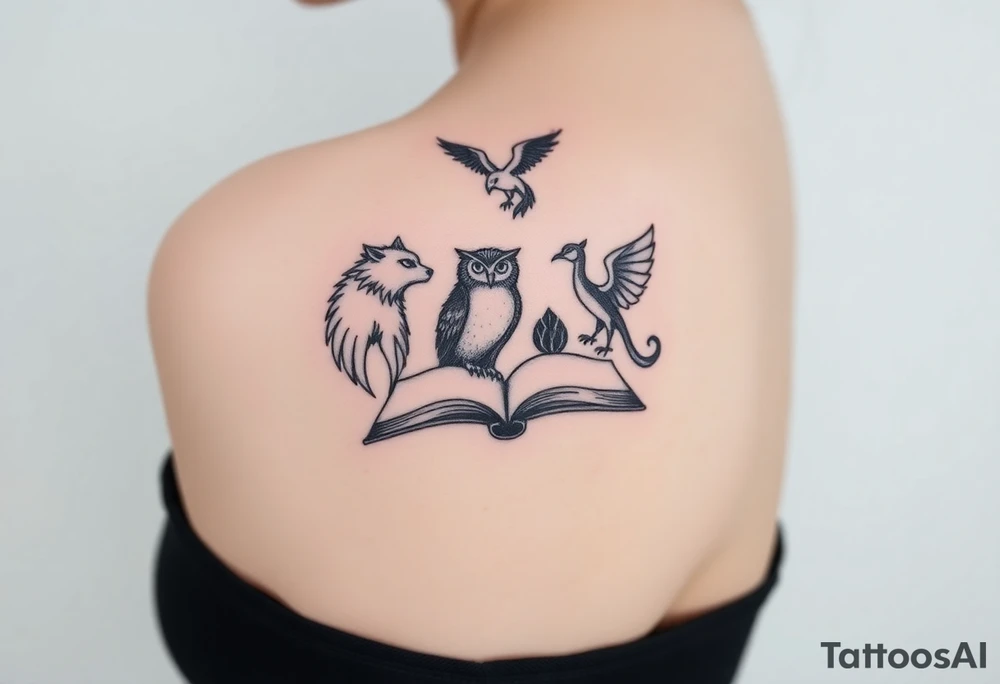 An open book with silhouettes of a werewolf, owl, dragon & phoenix above it tattoo idea