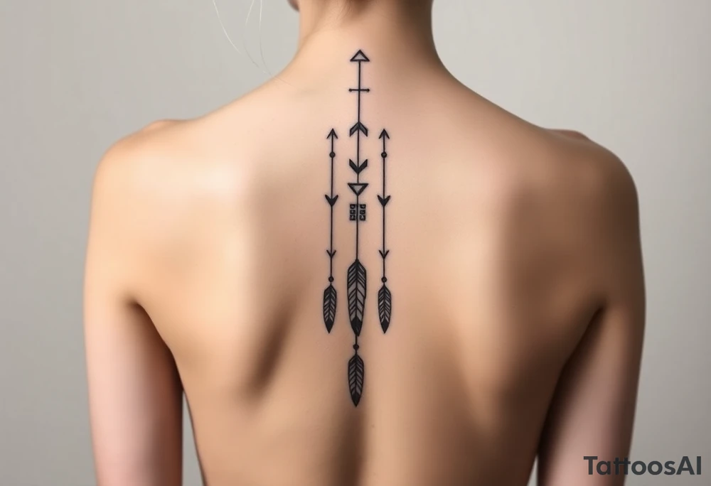 Thin spinal tattoo following down the spine in a native style with 3 vertical different lengths flowing lines made of a discreet connection of morse code ".--- .- --.     .-.. ... -.- .- .-.   -.. .. --.     .-.. .. .-.. .-.. . -... .-. --- .-. forming 3 arrow shapes connected to flowing feathers hanging from the morse code lines tattoo idea