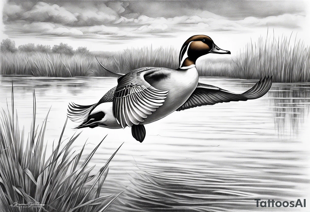 pintail duck flying in the marsh tattoo idea