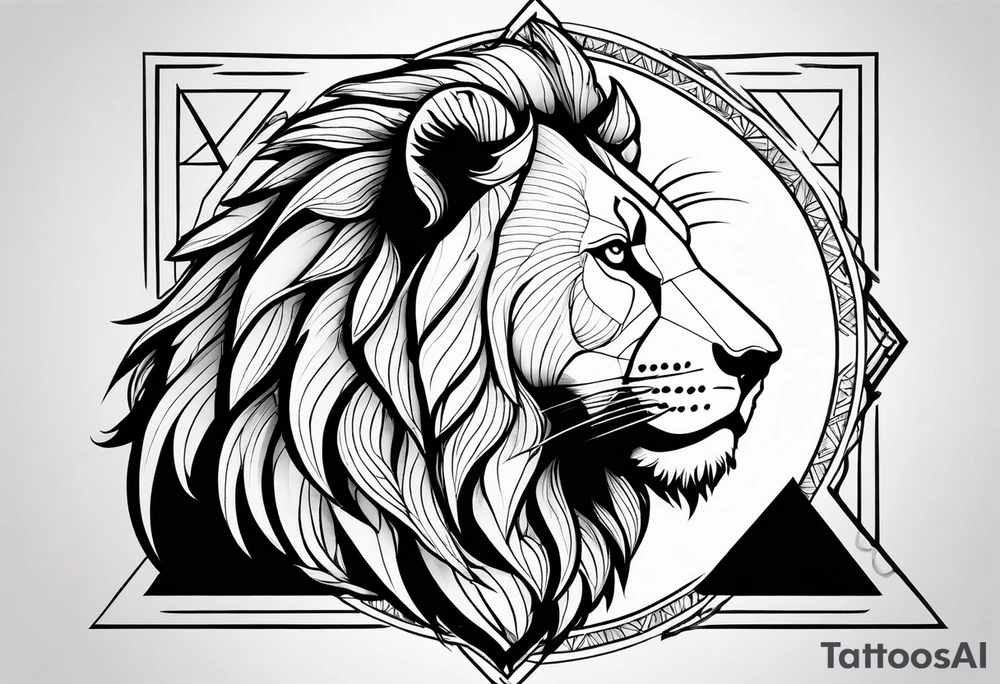 A geometric design with a lion head and a mountain tattoo idea
