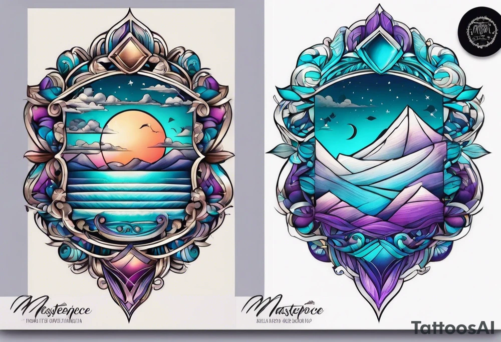 Ampulheta astrológica com detalhes geométricos e uma areia colorida em tons degradê de azul, turquesa e violeta tattoo idea