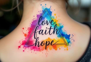 Words love faith hope arranged in a triangle, each corner marked with a watercolor splash—rose red, ocean blue, and golden yellow. tattoo idea