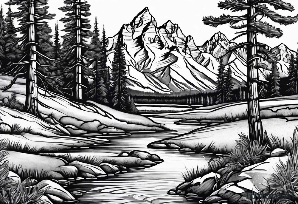 Half sleeve of Teton mountain range with trees lining the bottom of tattoo tattoo idea