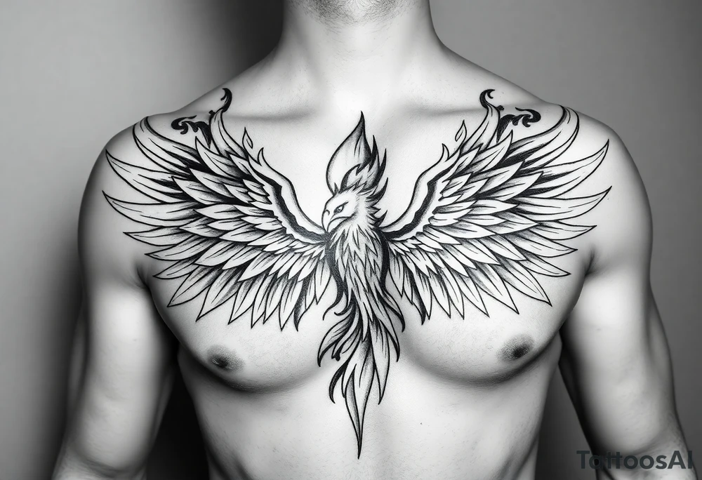 Realistic and symmetrical flaming Phoenix rebirth with spread low wings mapped onto chest
Phoneix head must be straight and symmetrical 
Fire should be surrounding spread wings
Wings should be spread low only on chest muscle tattoo idea