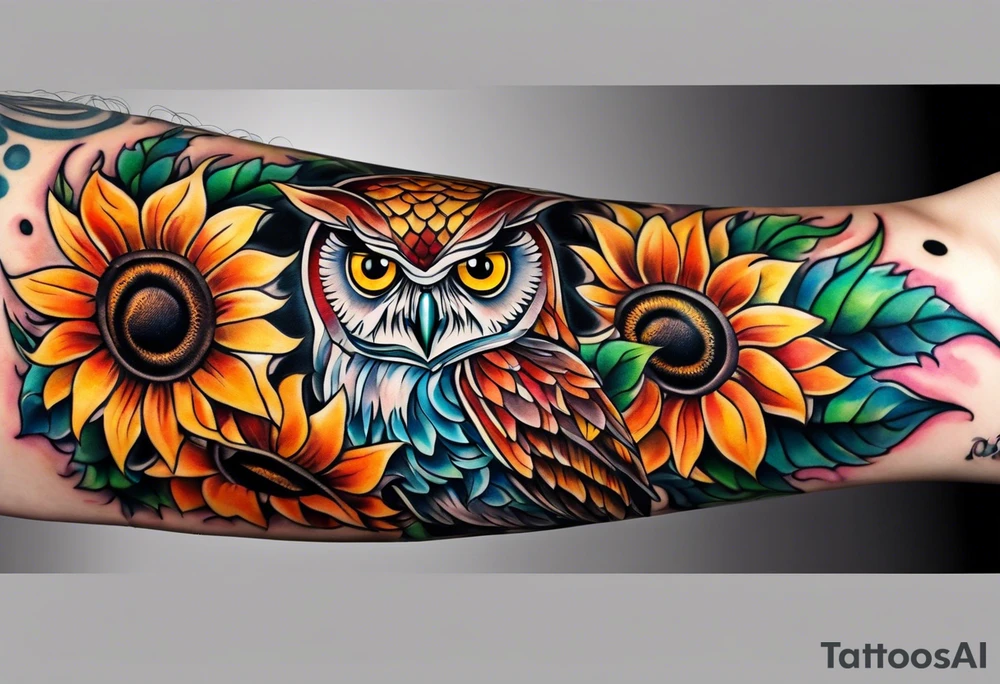 Leg sleeve with colorful sunflowers and an owl tattoo idea