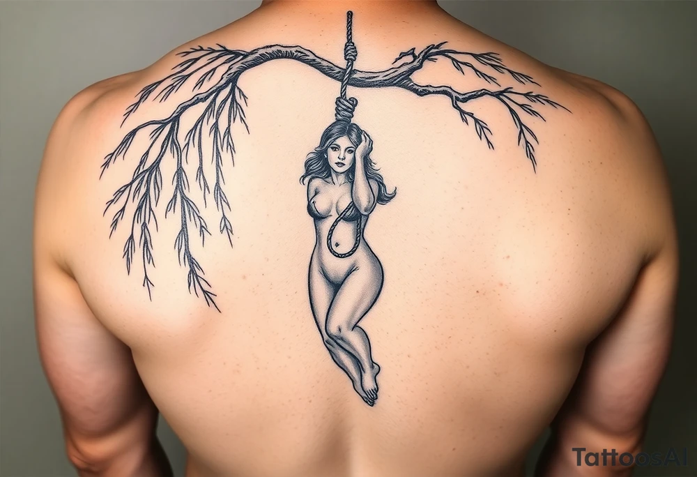 Fat naked sexy woman hanging with a noose around her neck from aweeping willow tree tattoo idea