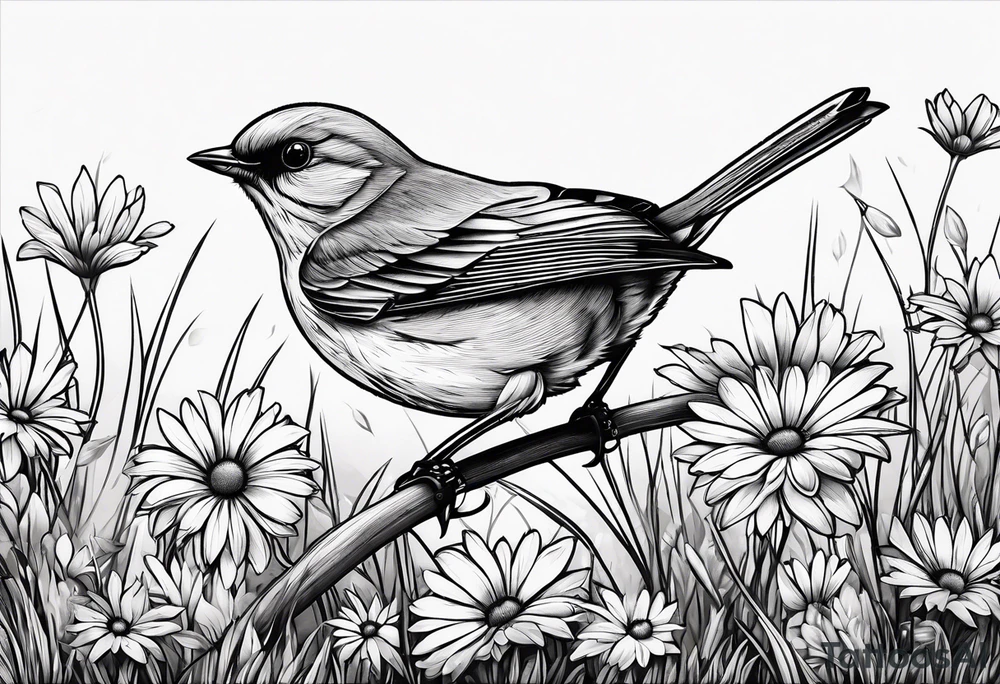 Little bird out perched on a field of grass and daisys tattoo idea