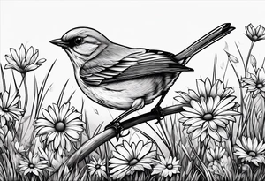 Little bird out perched on a field of grass and daisys tattoo idea