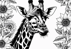 giraffe front view with sunflower and leafs tattoo idea