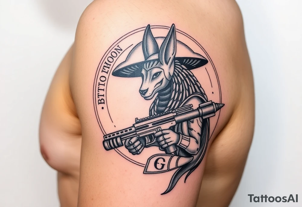 "Anubis in a ufo, holding a tommy gun. His jackal head is half-cyborg (exposed circuits). Hieroglyph background spells 'BTC TO THE MOON'.  

Style: Art Deco meets cyber-Egyptian. Black/red/gold ink. Forearm sleeve." tattoo idea