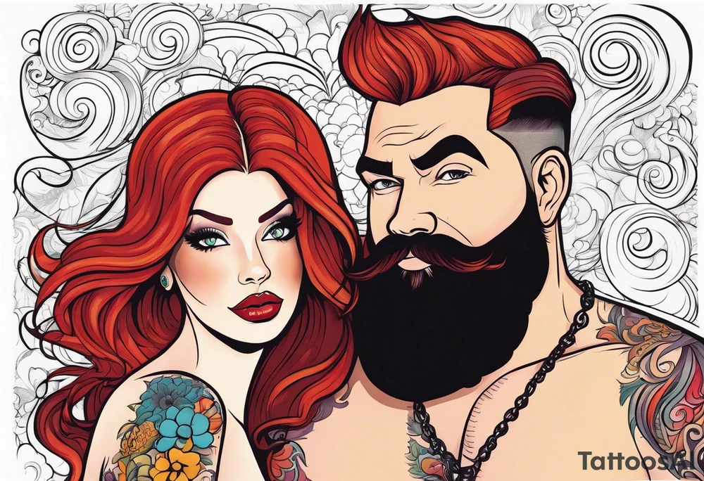 Busty red haired woman with a bearded man who has black hair tattoo idea