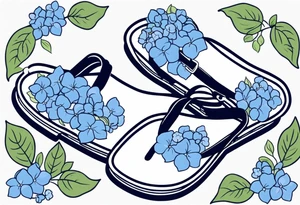 small tattoo of a pastel blue flip flop surrounded by blue and periwinkle hydrangea flowers with green leaves tattoo idea