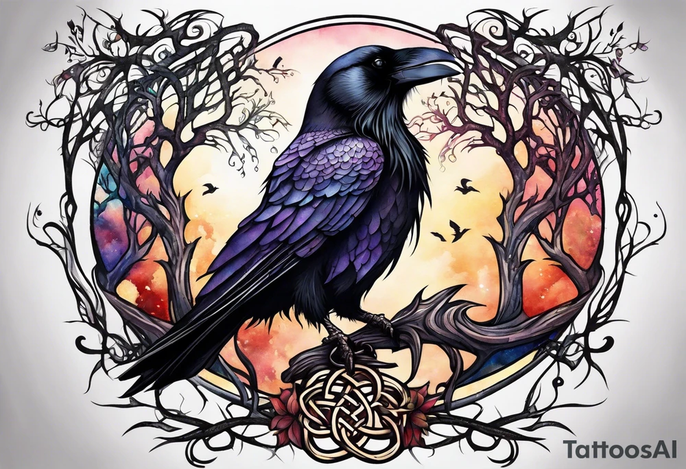 world tree with a raven and knotwork sleeve tattoo tattoo idea