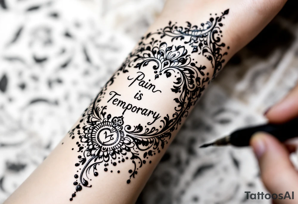 Indian style Henna tattoo for the inner wrist including words pain is temporary. Don’t show the wrist or arm tattoo idea