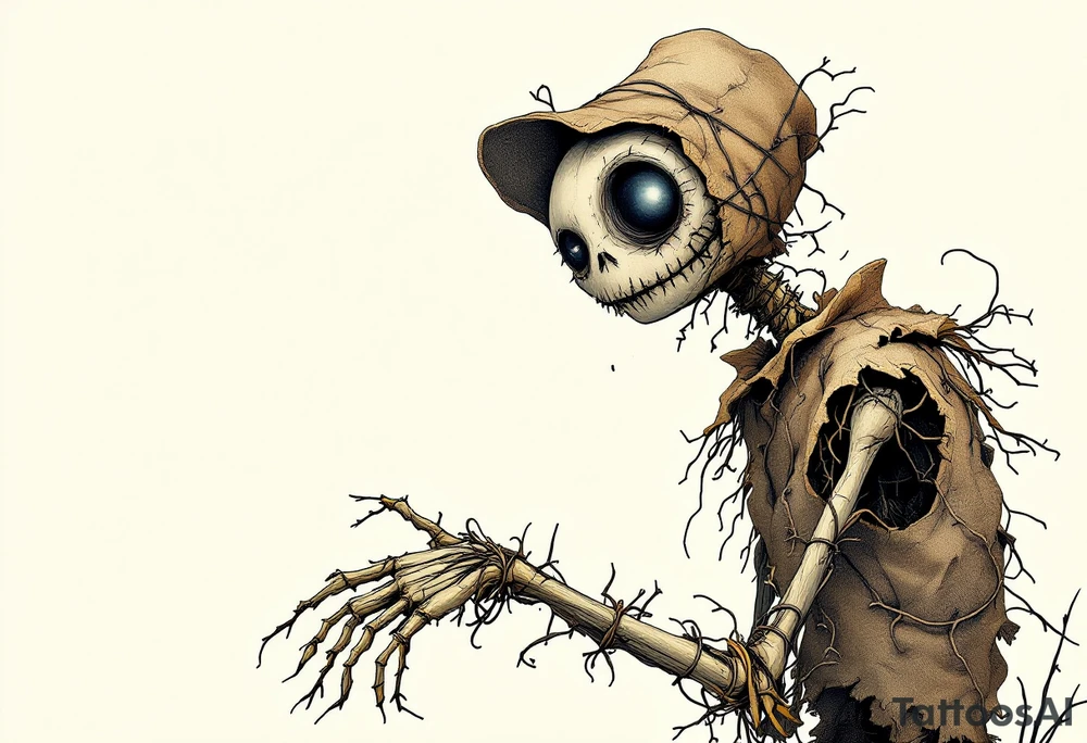 Tim Burton’s eyeless scarecrow sways under a pale gray sky, stitched in burlap brown and bound in crooked wire. tattoo idea