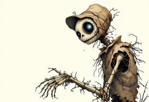 Tim Burton’s eyeless scarecrow sways under a pale gray sky, stitched in burlap brown and bound in crooked wire. tattoo idea