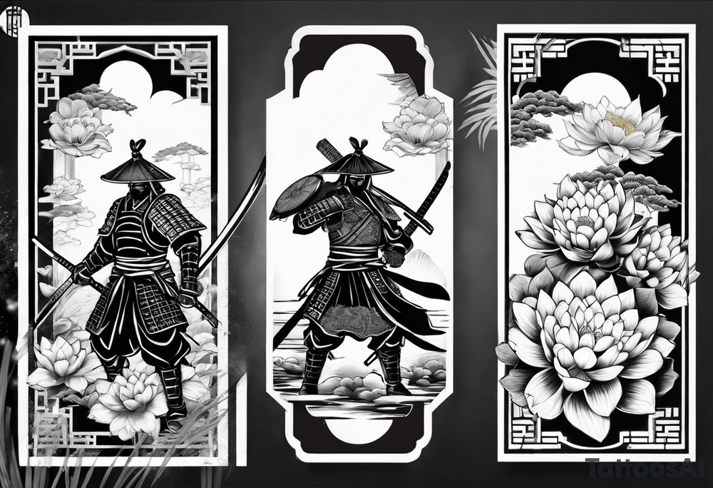 Samurai warrior and spartan warrior facing off, include lotus flowers in the background, both warriors should appear aggressive looking ready for battle,  turn this into a forearm sleeve tattoo idea