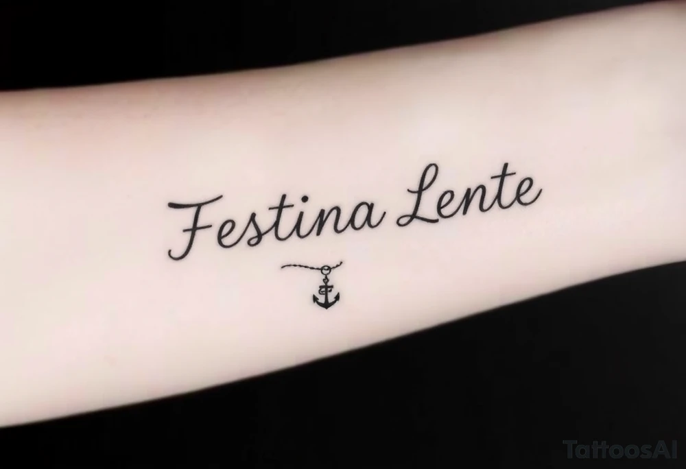 A small, minimal conceptual tattoo for the inner arm.
The phrase “Festina Lente” is not written traditionally; instead, the entire text is formed subtly from a single thin rope.
At the lower end of the rope, a small anchor is attached and appears embedded into the skin, symbolizing patience and stability.
At the opposite end, the rope is being pulled by a very small, minimal, symbolic devil silhouette representing haste.
The rope naturally twists and curves to form the letters of “Festina Lente”, so that at first glance it looks like an abstract rope composition, but upon closer inspection the text becomes readable.
Highly refined, modern calligraphic flow created by the rope itself, elegant and understated.
Black ink only, ultra-fine line work, minimal shading, strong use of negative space, contemporary 2026 tattoo style.
No traditional tattoo elements, no bold outlines, no old-school style, no decorative ornaments.
Clean, intelligent, subtle storytelling tattoo suitable for a small inner-arm placement. tattoo idea