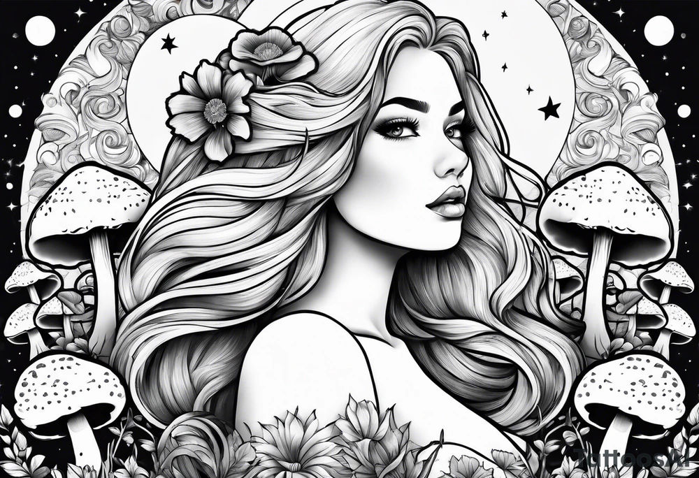 Blonde chubby Girl surrounded by mushrooms crescent moon background tattoo idea