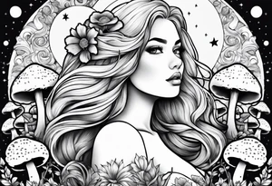 Blonde chubby Girl surrounded by mushrooms crescent moon background tattoo idea