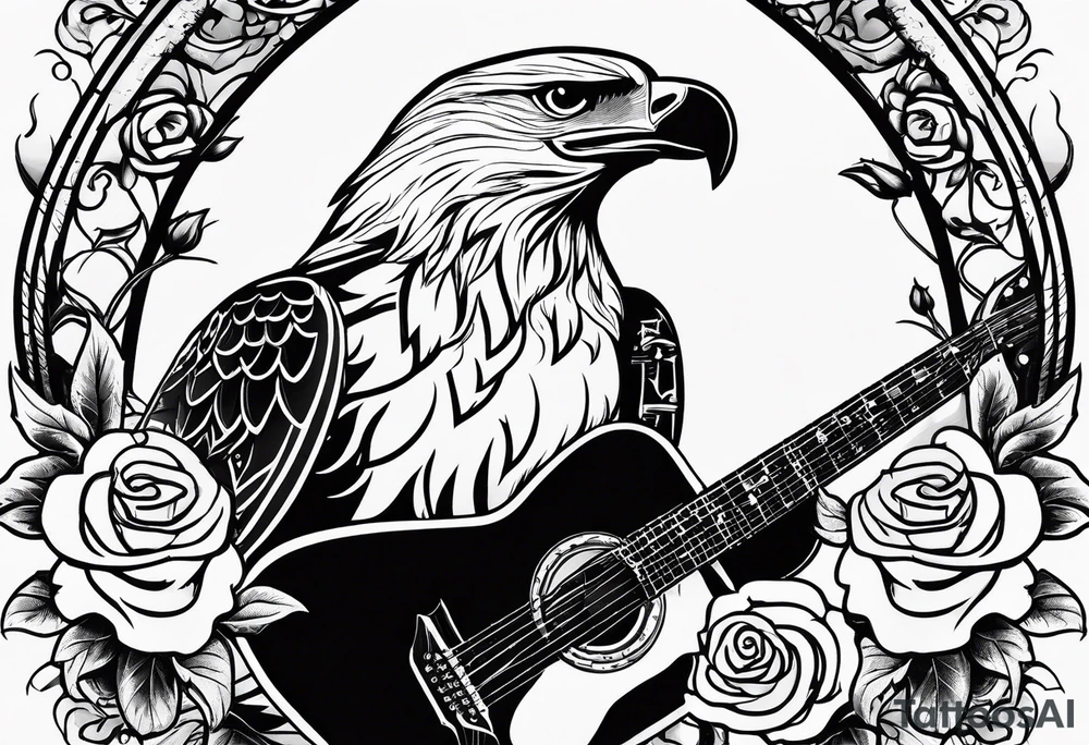 acoustic guitar with roses and eagles tattoo idea