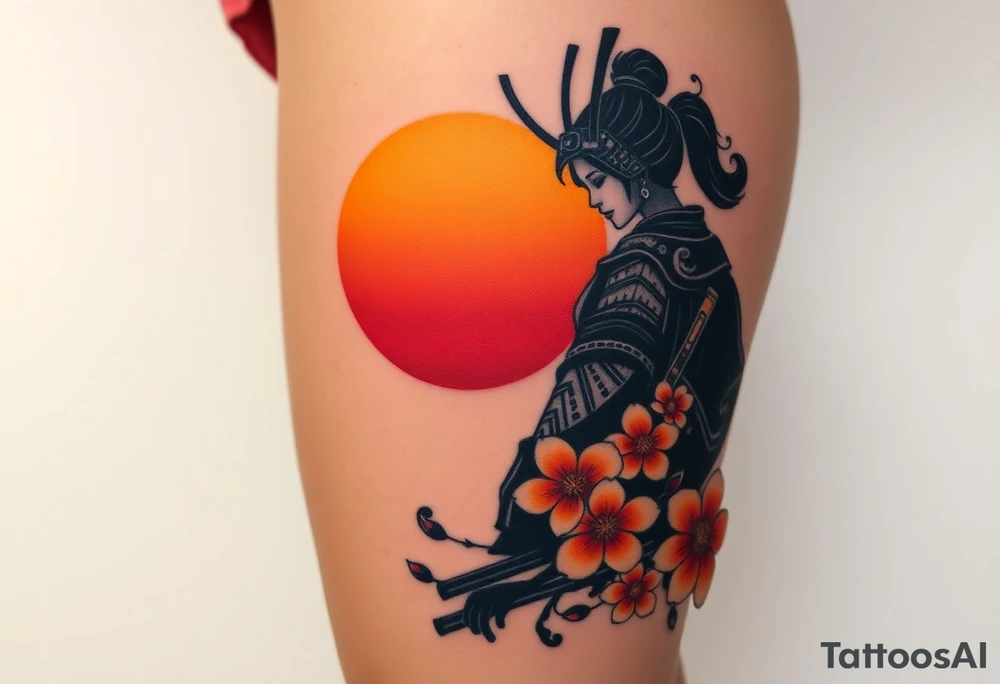 noble female samurai warrior silhouette at sunset with flowers, yellows and reds tattoo idea