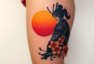 noble female samurai warrior silhouette at sunset with flowers, yellows and reds tattoo idea