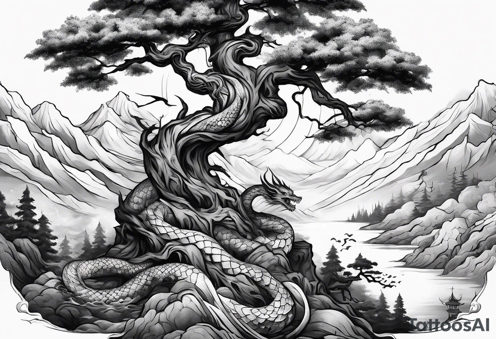 Full arm sleeve, tree going up to shoulder dead tree going down to wrist, wrapped in a serpent moving down with mountain, water, and demon tattoo idea