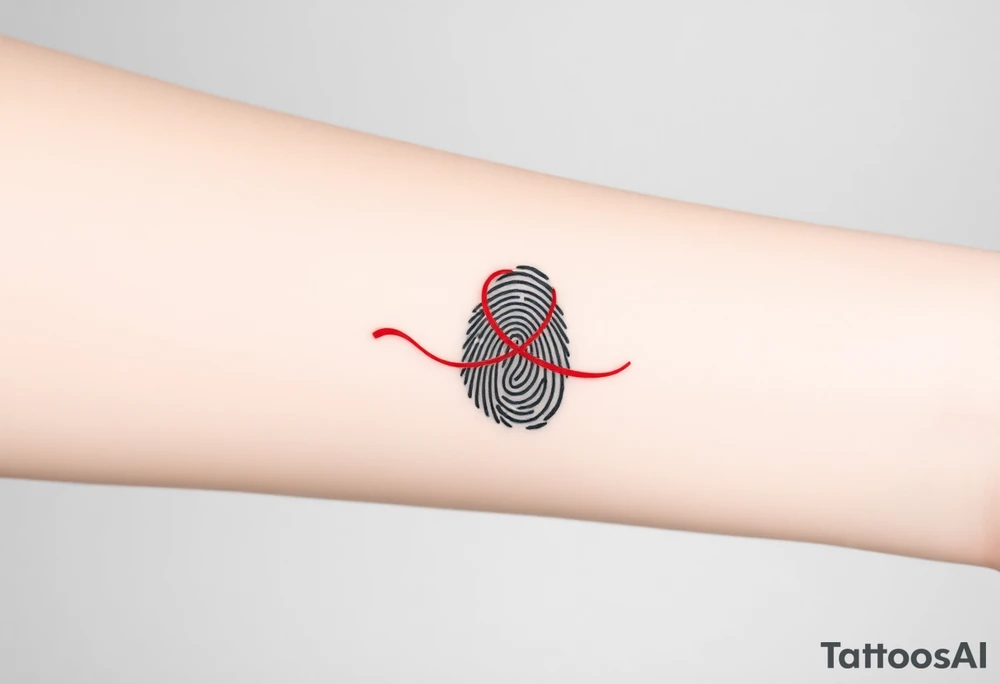 A simple black fingerprint with a thin, red ribbon looping around it, representing connection and destiny tattoo idea
