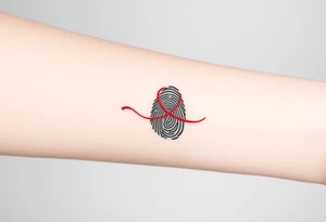 A simple black fingerprint with a thin, red ribbon looping around it, representing connection and destiny tattoo idea