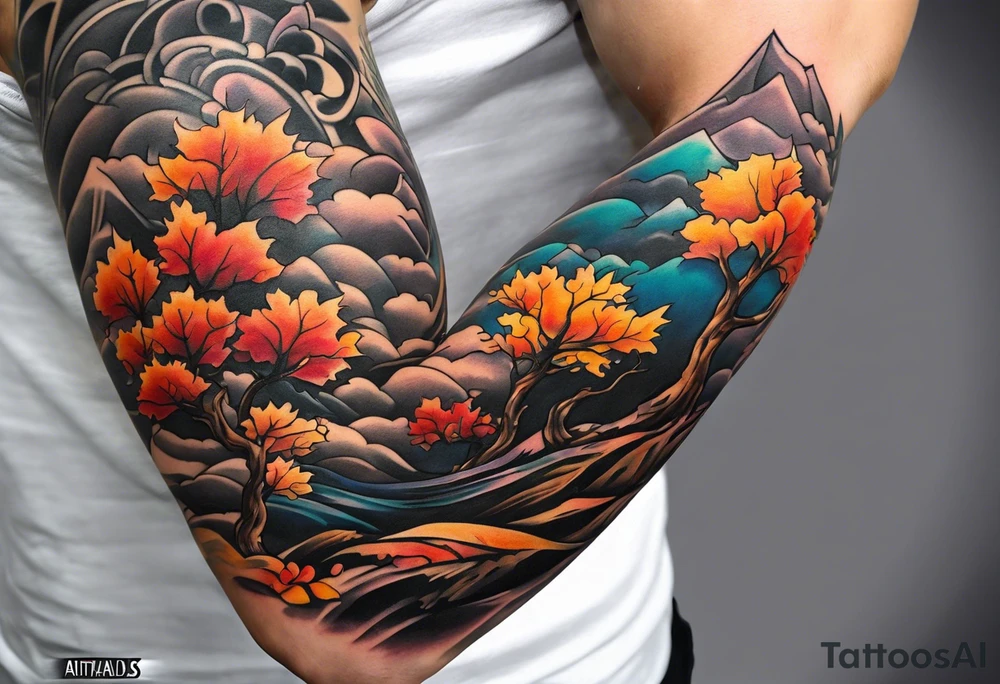 Arm Sleeve Tattoo with fall colors flat tattoo idea