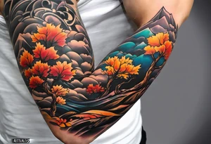 Arm Sleeve Tattoo with fall colors flat tattoo idea