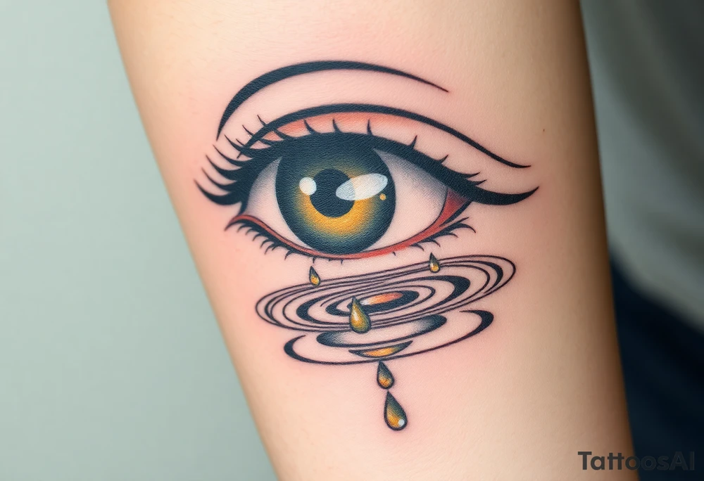 Teary eye with A collection of teardrops falling down into a still pool, with soft ripples in golden and silver hues, symbolizing how tears spread healing. tattoo idea