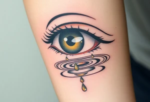 Teary eye with A collection of teardrops falling down into a still pool, with soft ripples in golden and silver hues, symbolizing how tears spread healing. tattoo idea