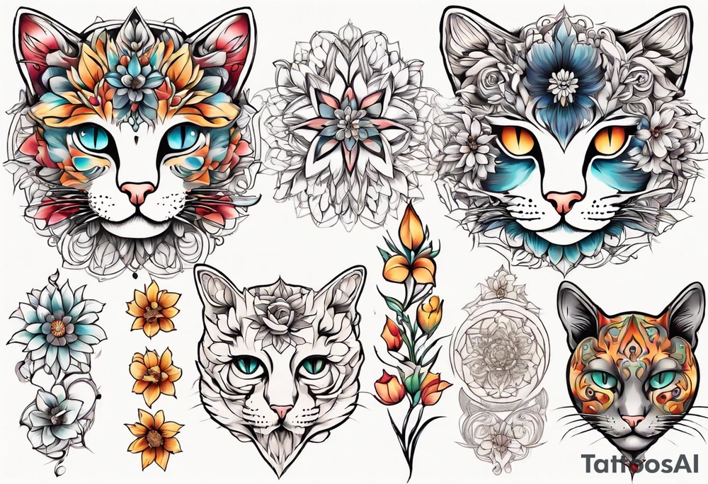 Cat colored flowers Mandala tattoo idea
